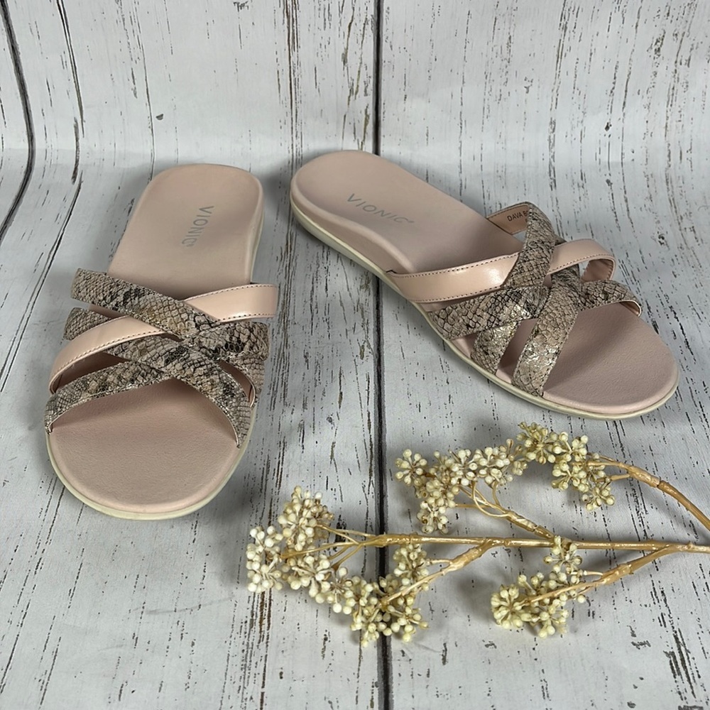 Vionic Dava Boa Blush Pink Snakeskin Nubuck Slide Womens Sandal Size 6.5
